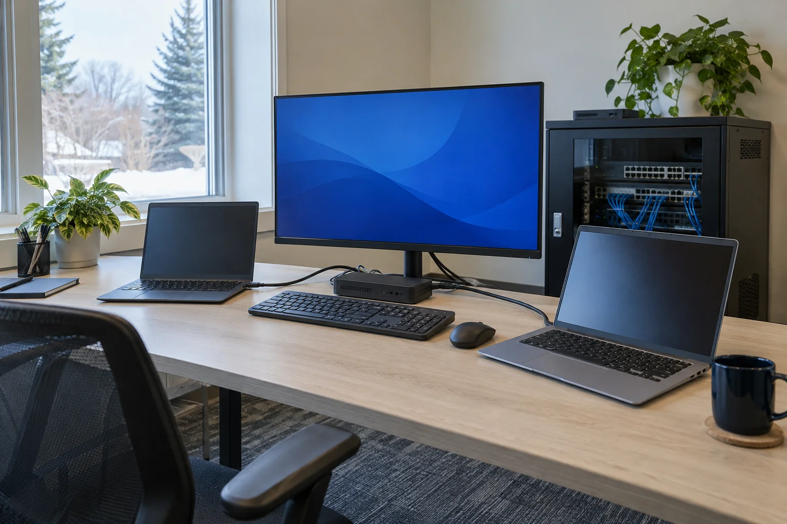 An office workspace with laptops, a monitor and a small network cabinet